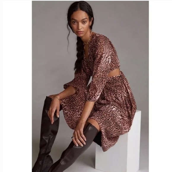 Anthropologie RANNA GILL Leopard Print Cut-out Midi Dress - Picture 1 of 11